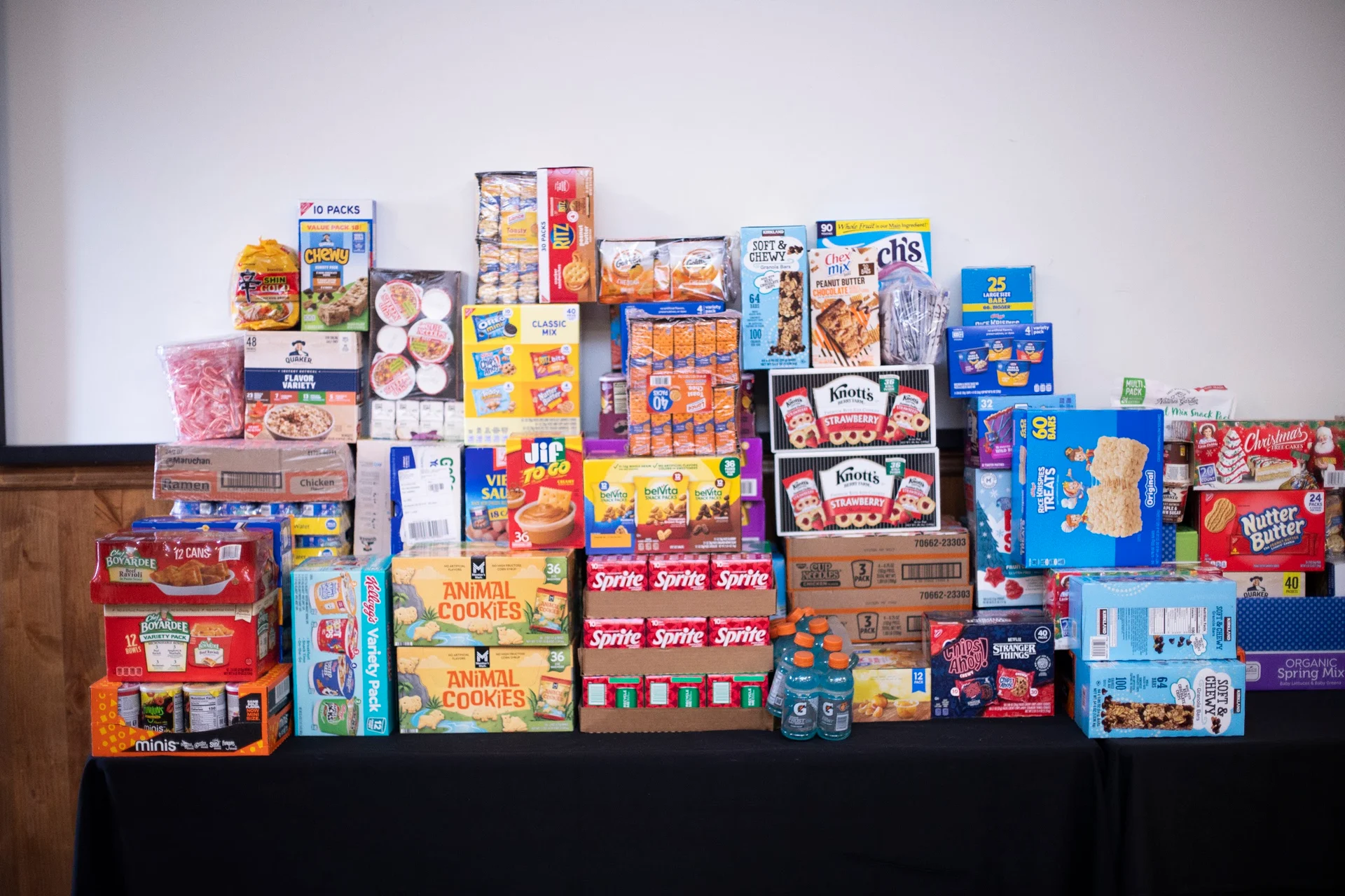 Boxes of donated food displayed at the 2025 Mamma Bears event